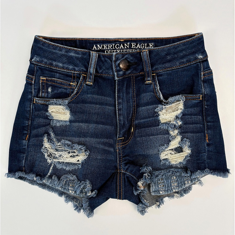 AE High Rise Distressed Eyelet Stretch Denim Shortie Shorts 0 Cutoff Raw Hem